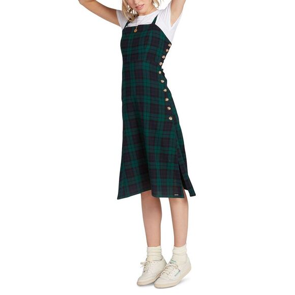 Volcom Junior's Cotton Plaid a Line Dress Green Size S - Picture 3 of 4